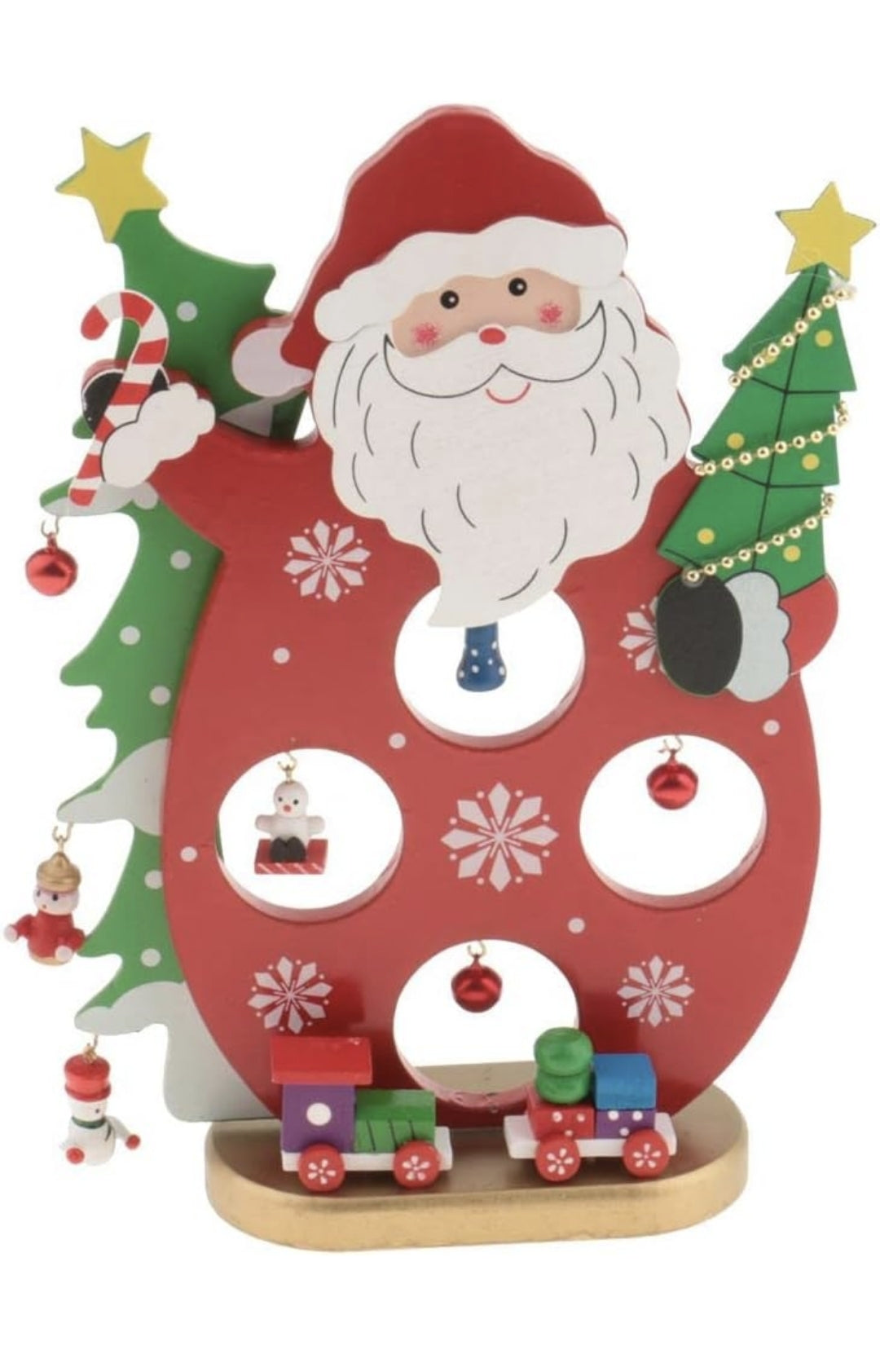 Wooden Christmas Ornament Display Stand, Santa and Snowman Design with Train, Holiday Decorative Tabletop Decor, Mini Ornaments and Bells, Red and Green