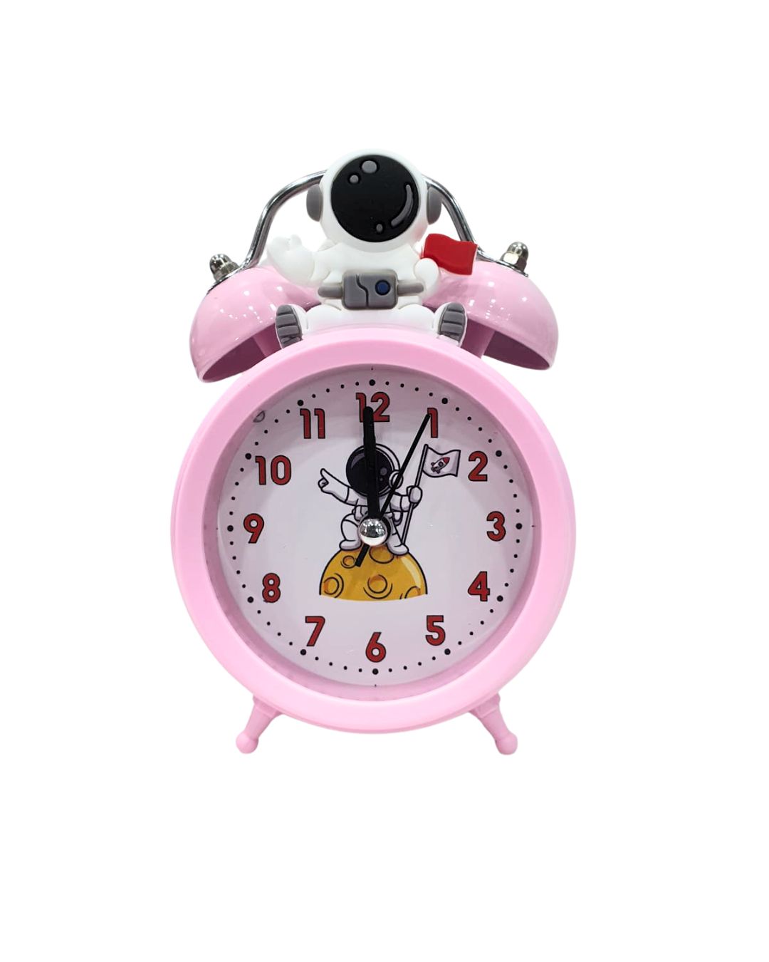 Pink Astronaut Theme Twin Bell Analog Alarm Clock with Night Light