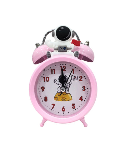 Pink Astronaut Theme Twin Bell Analog Alarm Clock with Night Light