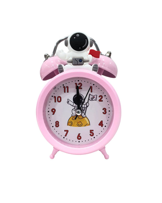 Pink Astronaut Theme Twin Bell Analog Alarm Clock with Night Light