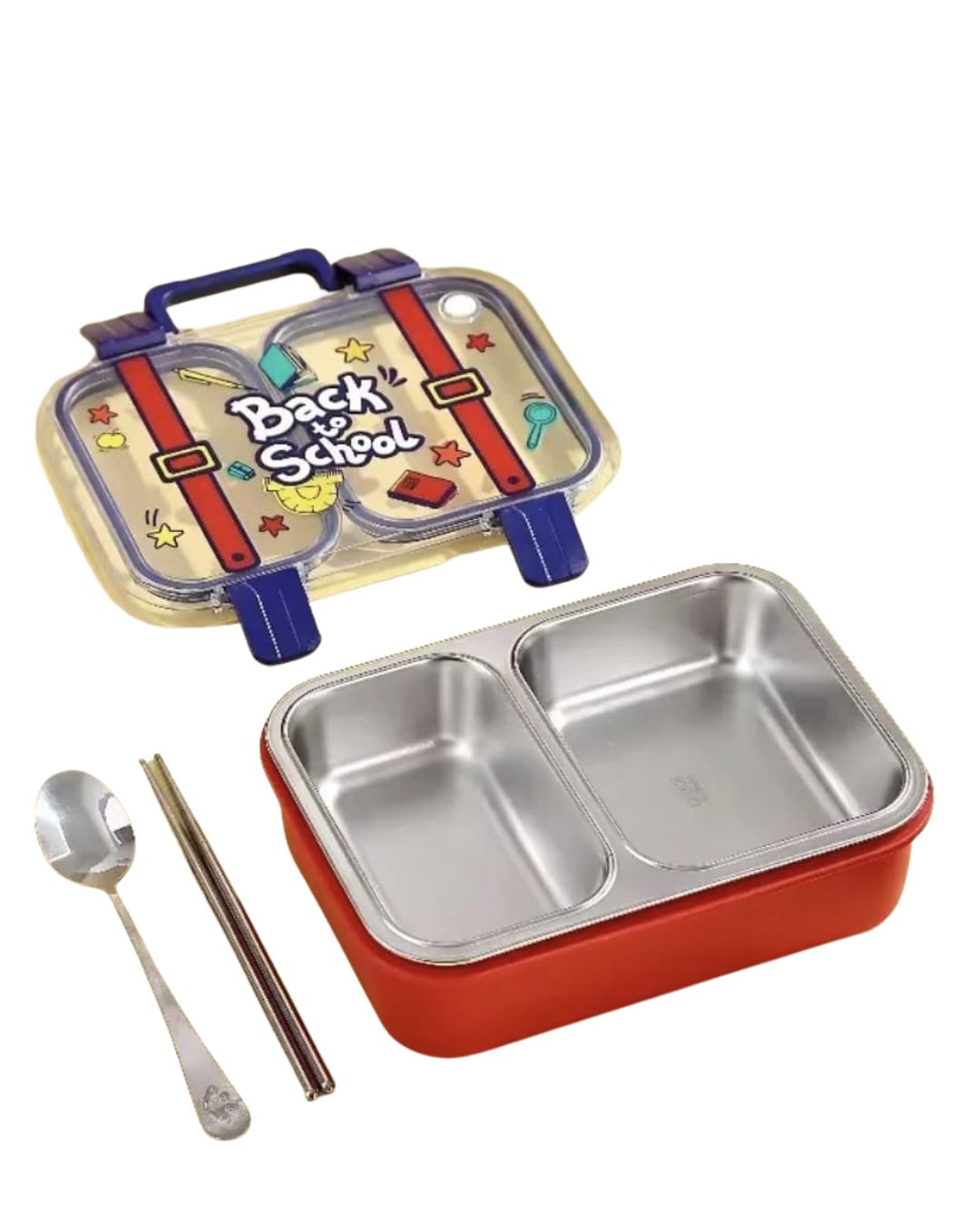 KATTY MAO My First Best Friend Kids Stainless Steel Lunch Box with 2 Compartments, Navy Blue Handles, School Design Pattern