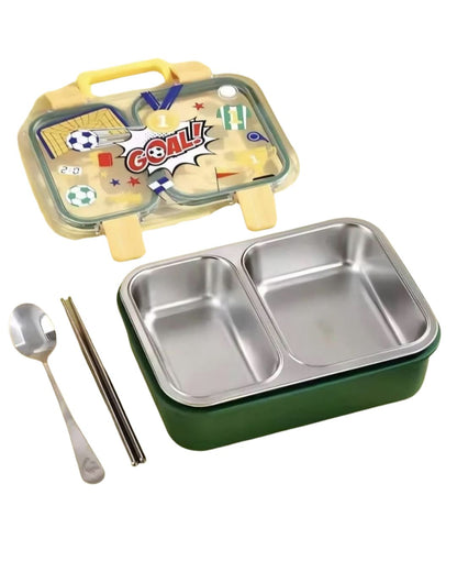 KATTY MAO My First Best Friend Kids Stainless Steel Lunch Box with 2 Compartments, Navy Blue Handles, School Design Pattern