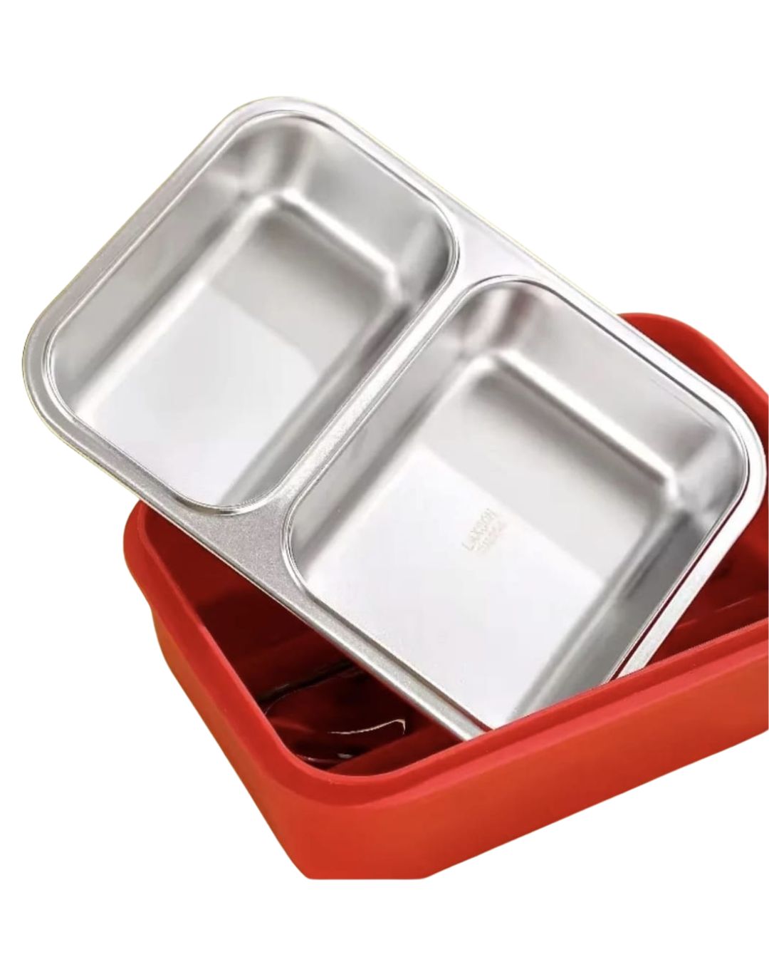 KATTY MAO My First Best Friend Kids Stainless Steel Lunch Box with 2 Compartments, Navy Blue Handles, School Design Pattern