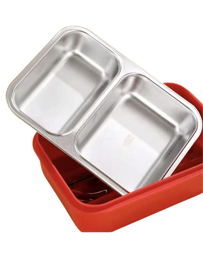 KATTY MAO My First Best Friend Kids Stainless Steel Lunch Box with 2 Compartments, Navy Blue Handles, School Design Pattern