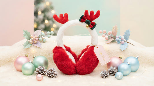 Christmas Reindeer Ear Warmers, Plush WHITE Winter Earmuffs with Festive Bow and Bell, 6 Inches Wide BY KATTY MAO. (WHITE)