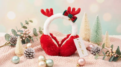 Christmas Reindeer Ear Warmers, Plush WHITE Winter Earmuffs with Festive Bow and Bell, 6 Inches Wide BY KATTY MAO. (WHITE)