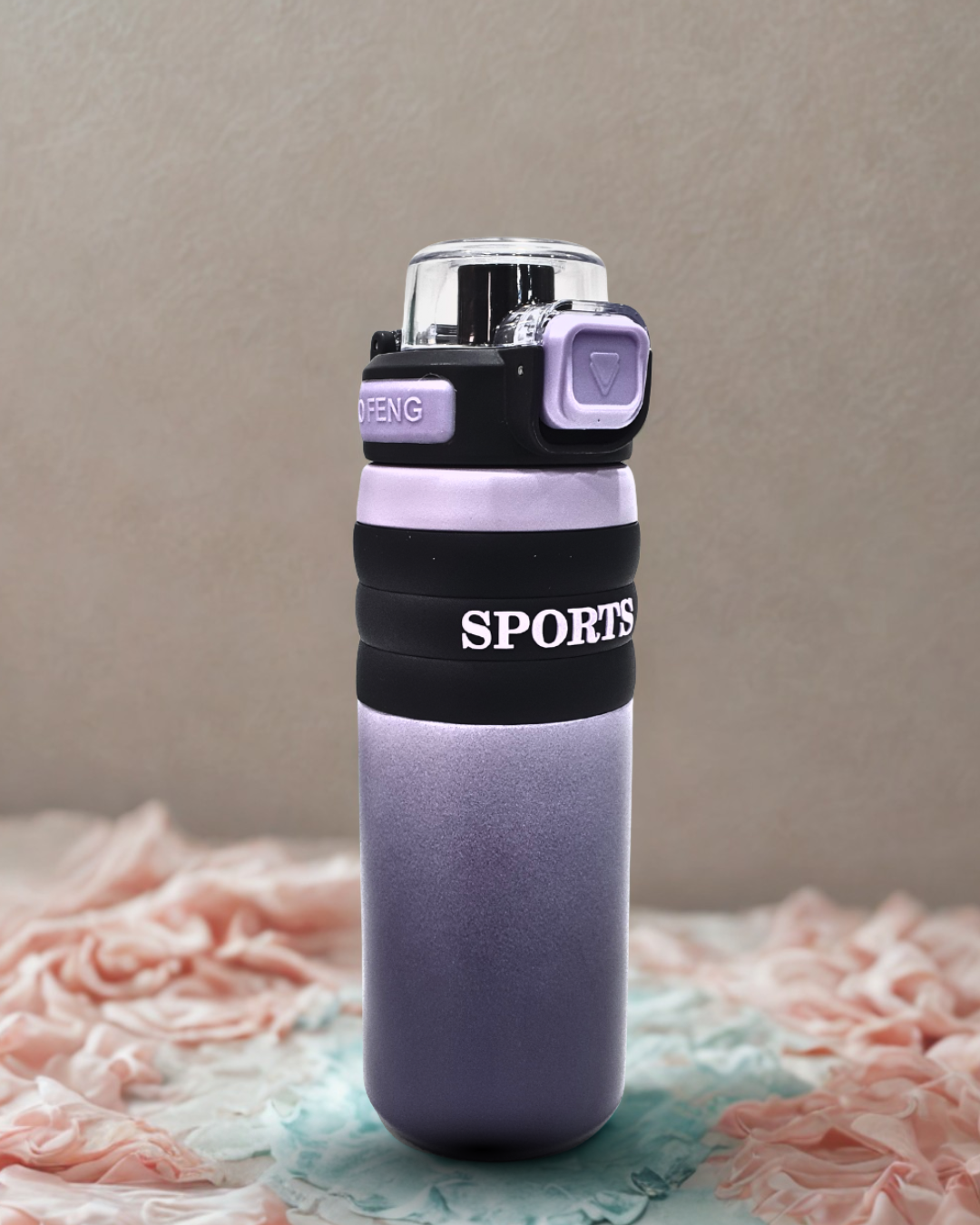 Sports Water Bottle with Flip Top Lid, Black and Purple Gradient, Portable with Carrying Strap BY KATTY MAO