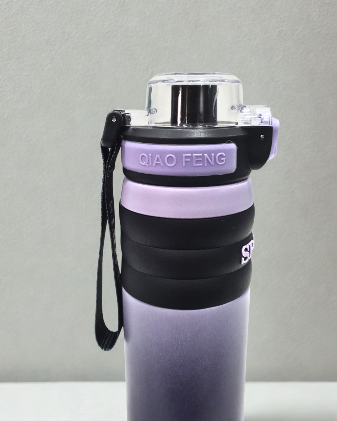 Sports Water Bottle with Flip Top Lid, Black and Purple Gradient, Portable with Carrying Strap BY KATTY MAO