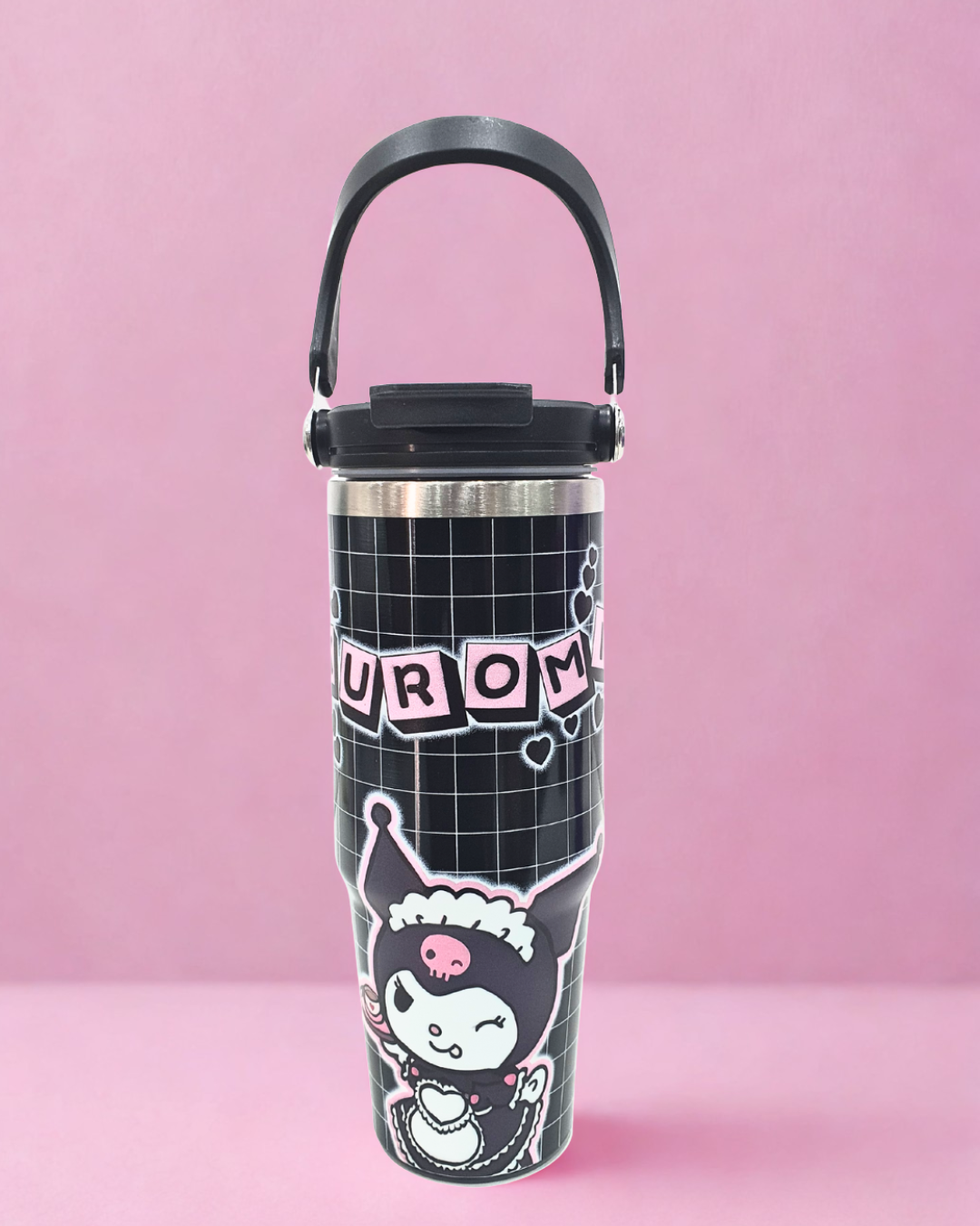 Insulated Travel Tumbler with Handle, Pink Cartoon Design, Stainless Steel Water Bottle