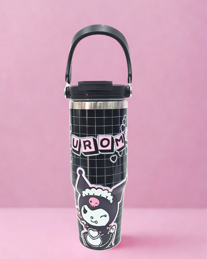 Insulated Travel Tumbler with Handle, Pink Cartoon Design, Stainless Steel Water Bottle