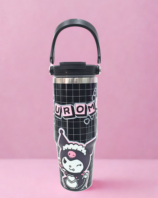 Insulated Travel Tumbler with Handle, Pink Cartoon Design, Stainless Steel Water Bottle