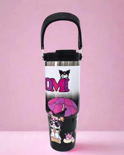 Insulated Travel Tumbler with Handle, Pink Cartoon Design, Stainless Steel Water Bottle