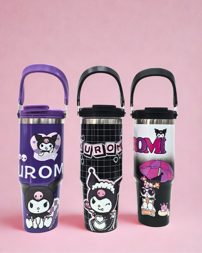 Insulated Travel Tumbler with Handle, Pink Cartoon Design, Stainless Steel Water Bottle