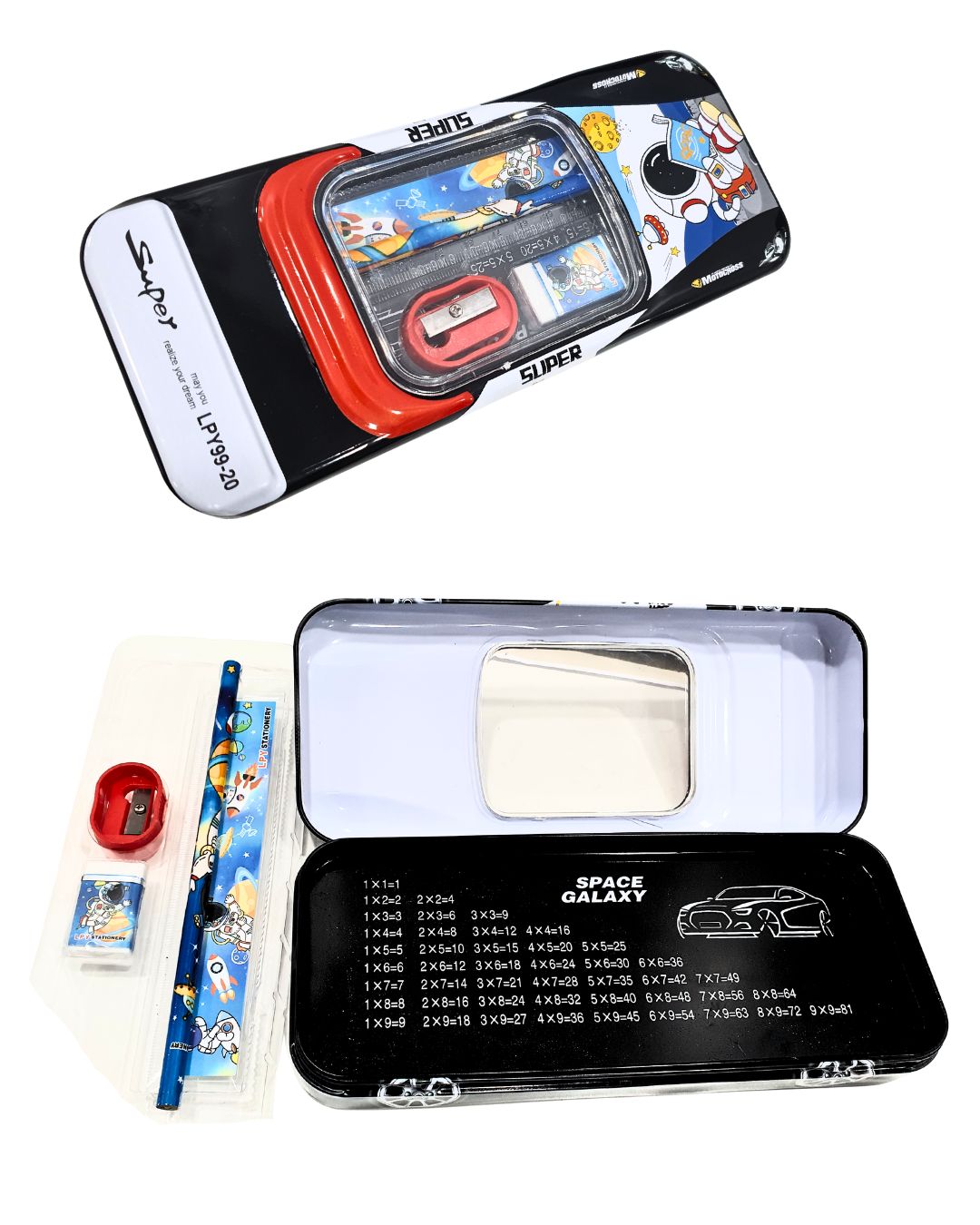 KATTY MAO My First Best Friend Super Space Galaxy Car Pencil Case Set with Multiplication Table, Yellow, Metal, Astronaut Design, School Stationery Kit with Pencil, Sharpener, Ruler.