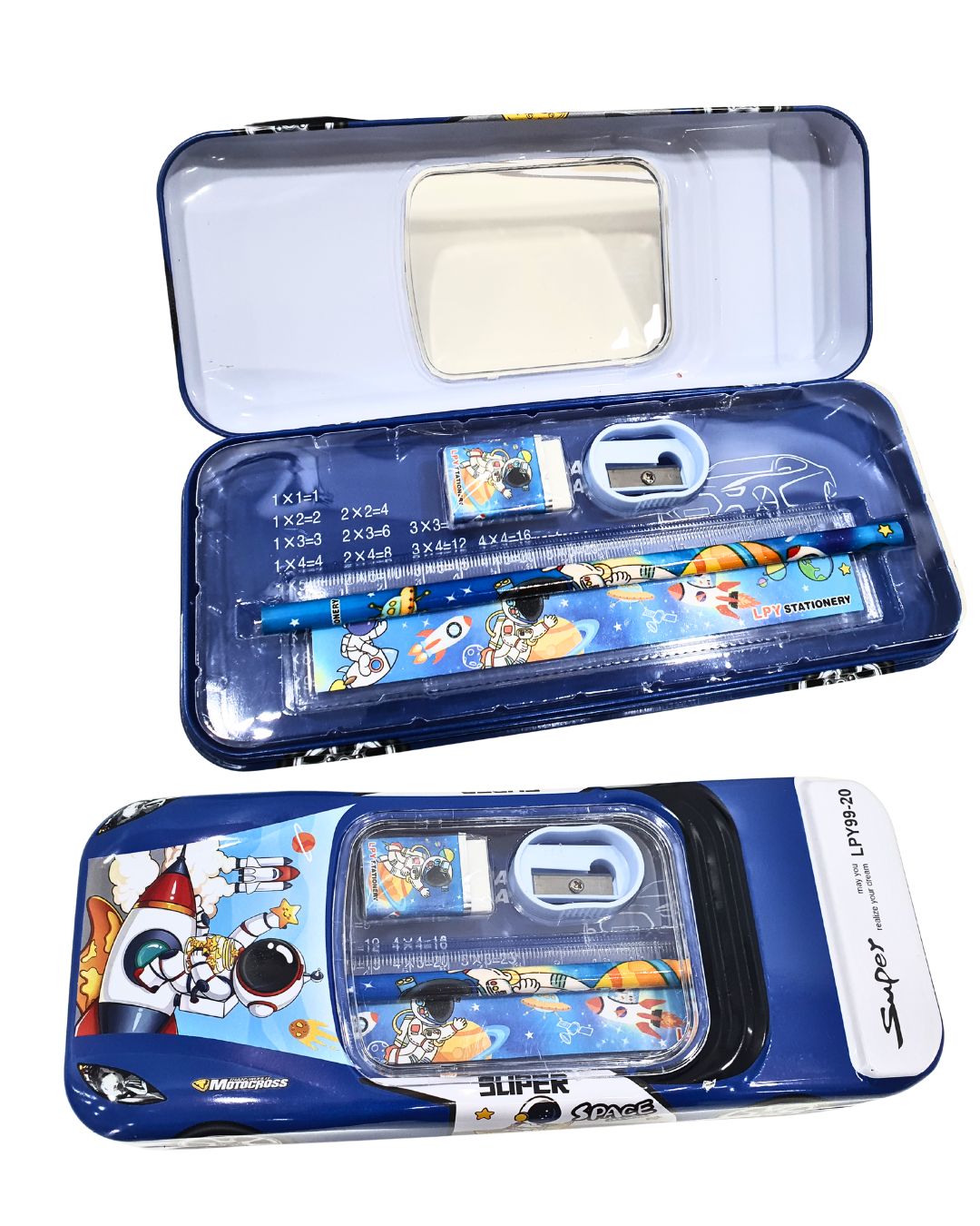 KATTY MAO My First Best Friend Super Space Galaxy Car Pencil Case Set with Multiplication Table, Yellow, Metal, Astronaut Design, School Stationery Kit with Pencil, Sharpener, Ruler.