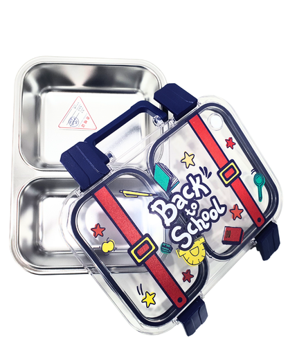 KATTY MAO My First Best Friend Kids Stainless Steel Lunch Box with 2 Compartments, Navy Blue Handles, School Design Pattern