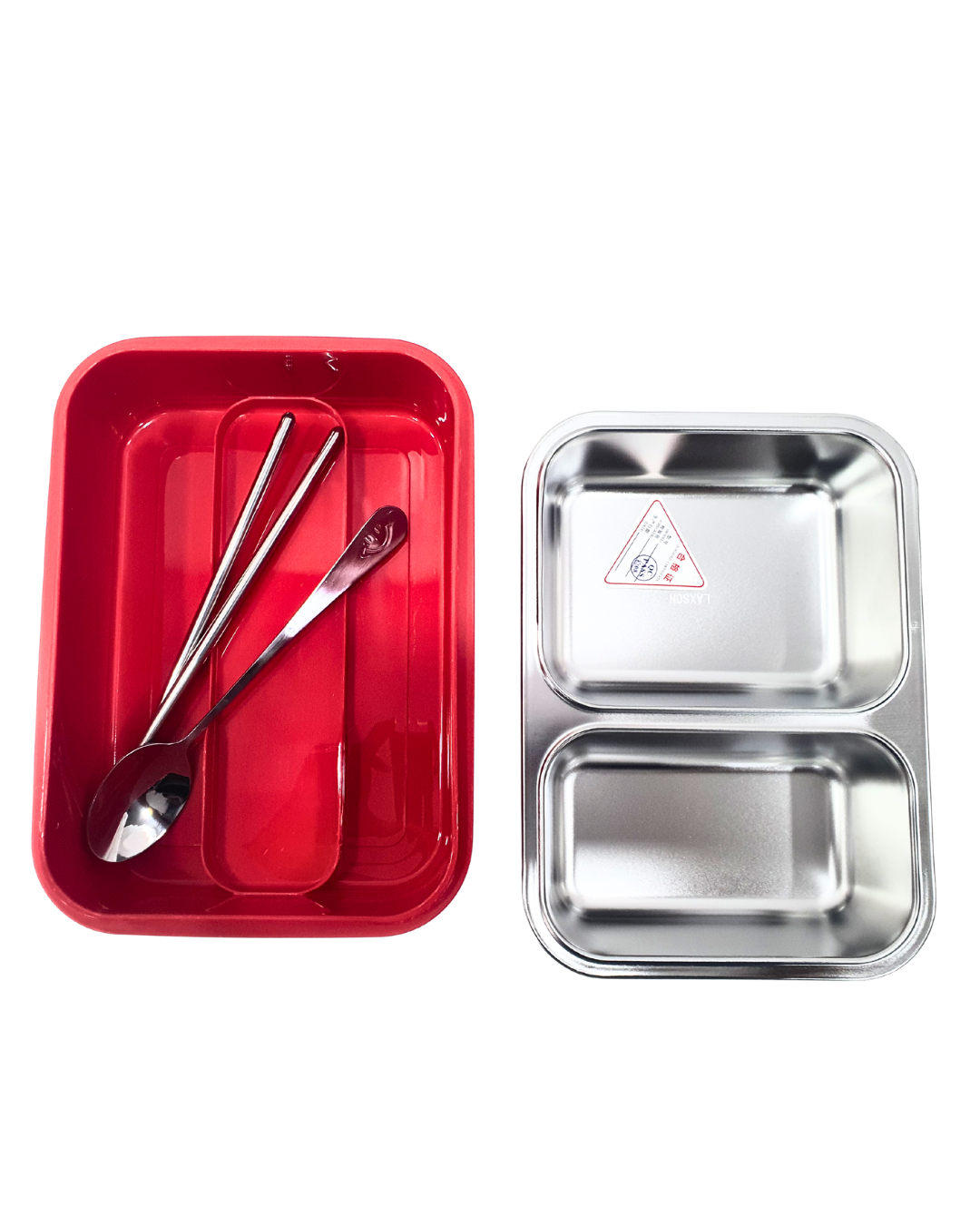 KATTY MAO My First Best Friend Kids Stainless Steel Lunch Box with 2 Compartments, Navy Blue Handles, School Design Pattern