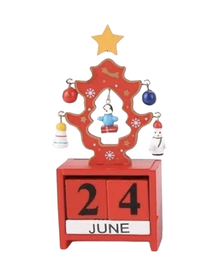 Wooden Christmas Tree Calendar with Ornaments, Perpetual Desktop Date Display, (RED)
