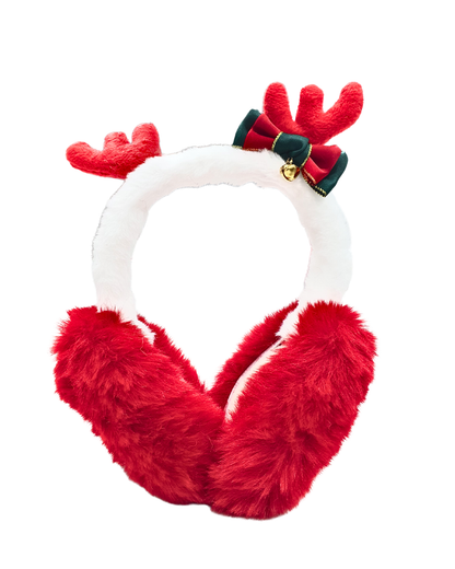 Christmas Reindeer Ear Warmers, Plush WHITE Winter Earmuffs with Festive Bow and Bell, 6 Inches Wide BY KATTY MAO. (WHITE)