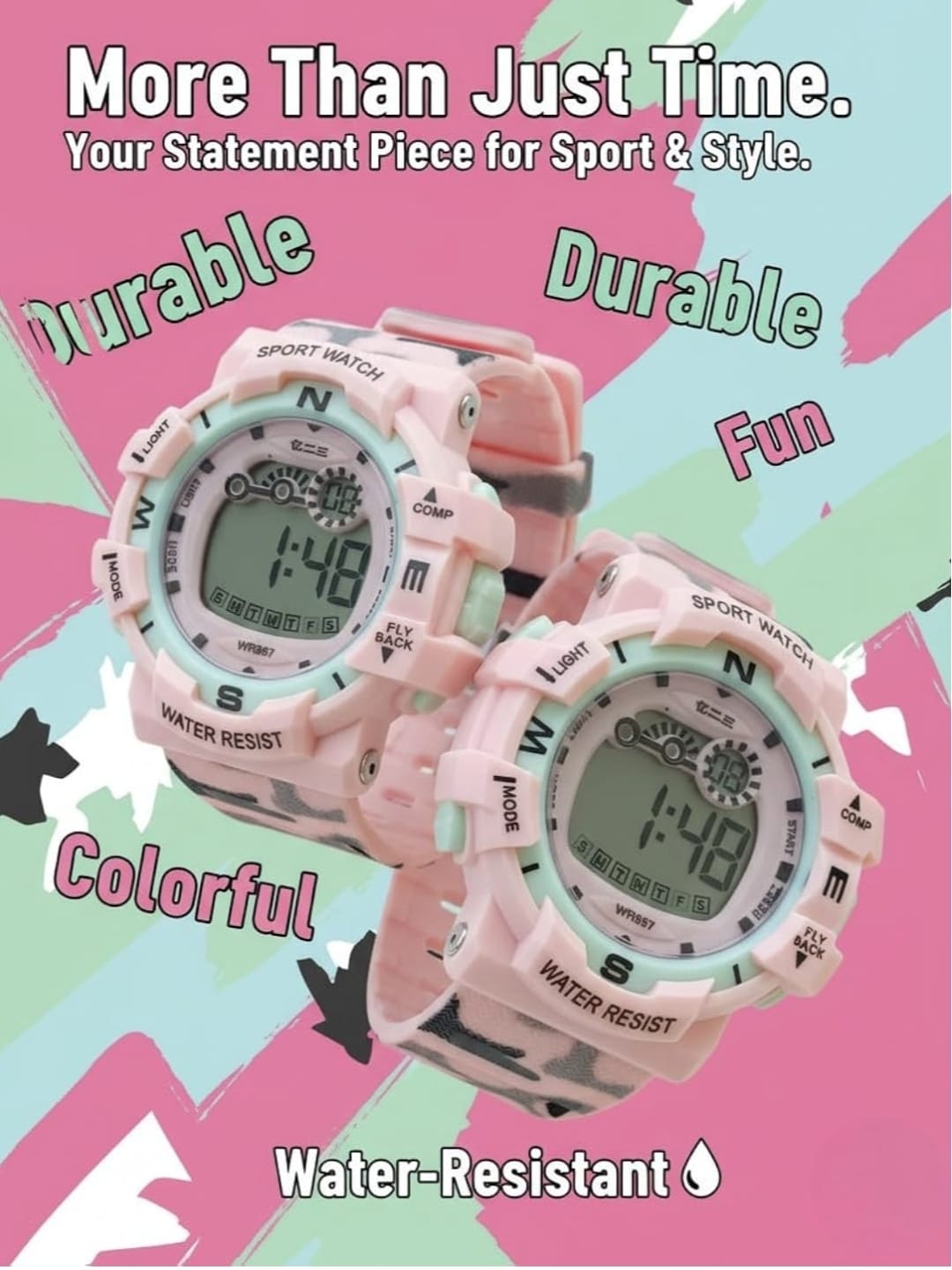 Katty Mao Digital Sports Watch, Pink, LCD Display, Water Resistant, Round Shape, Multiple Sports Modes, Electronic Wristwatch for Kids, Men, Women, 4.5x4.5x1.2 cm by Katty Mao