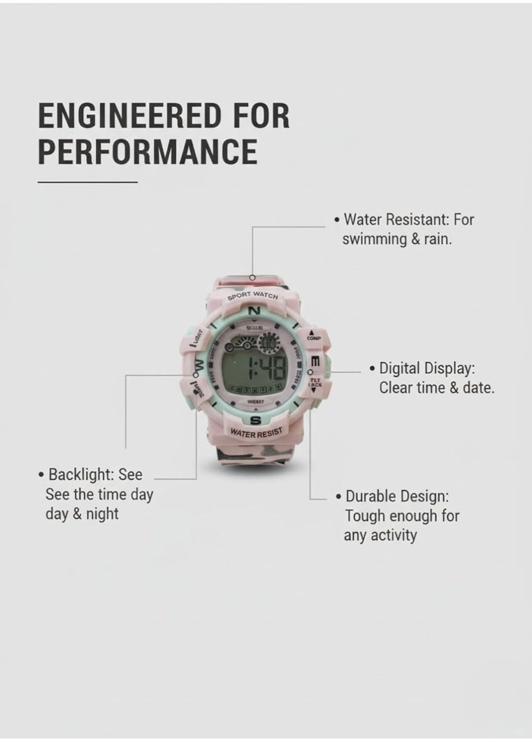 Katty Mao Digital Sports Watch, Pink, LCD Display, Water Resistant, Round Shape, Multiple Sports Modes, Electronic Wristwatch for Kids, Men, Women, 4.5x4.5x1.2 cm by Katty Mao