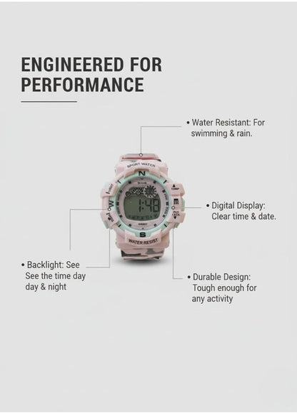 Katty Mao Digital Sports Watch, Pink, LCD Display, Water Resistant, Round Shape, Multiple Sports Modes, Electronic Wristwatch for Kids, Men, Women, 4.5x4.5x1.2 cm by Katty Mao