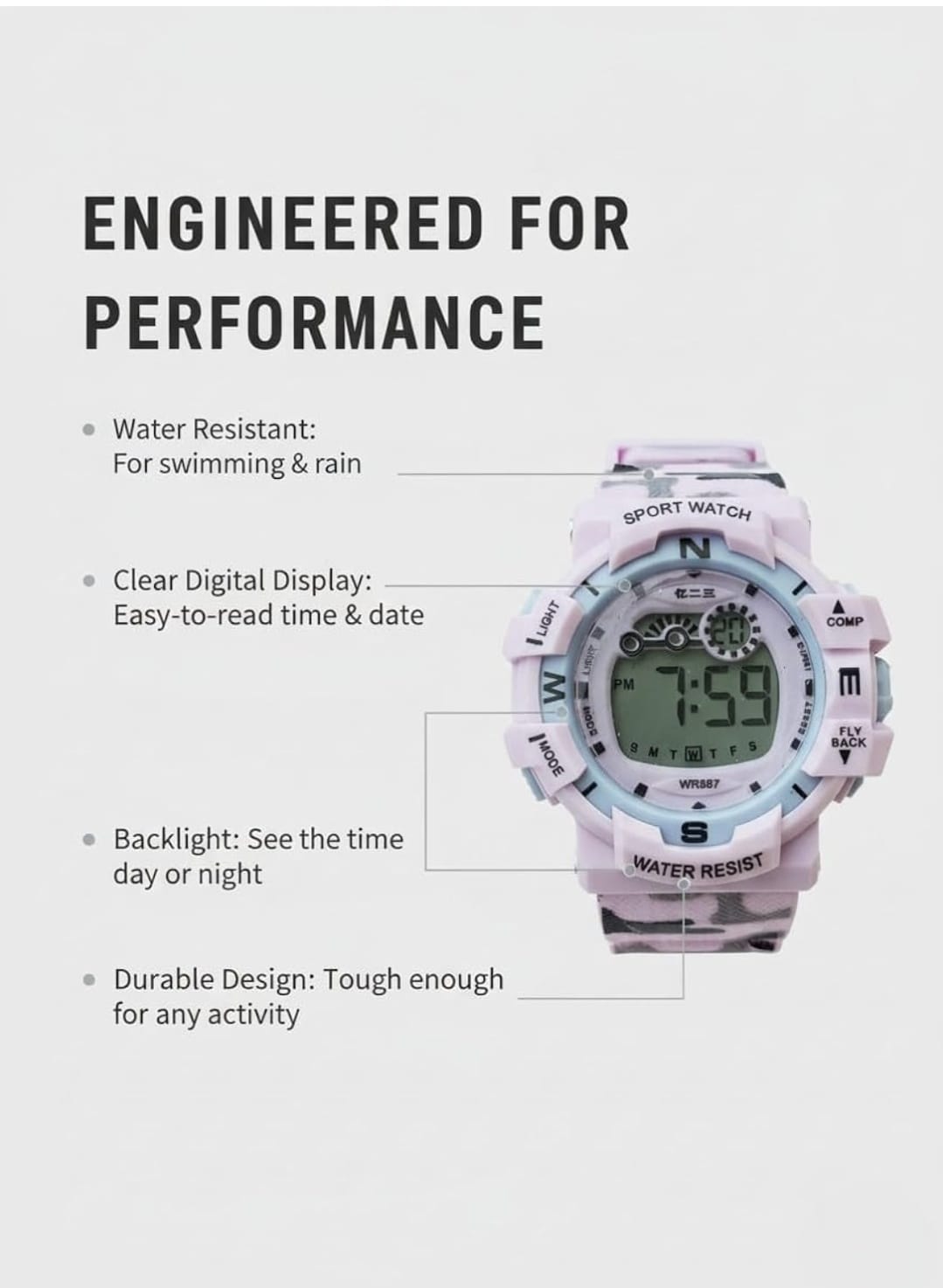 Katty Mao Digital Sports Watch, Pink, LCD Display, Water Resistant, Round Shape, Multiple Sports Modes, Electronic Wristwatch for Kids, Men, Women, 4.5x4.5x1.2 cm by Katty Mao