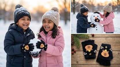Cute Bear Fingerless Gloves, Beige Knitted Winter Mittens with Cartoon Design, Half-Finger Style.