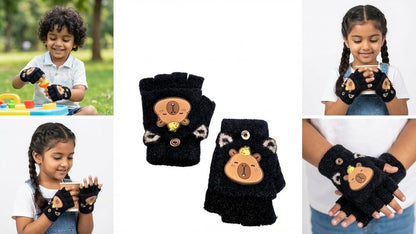 Cute Bear Fingerless Gloves, Beige Knitted Winter Mittens with Cartoon Design, Half-Finger Style.