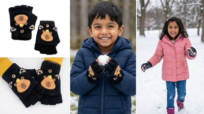 Cute Bear Fingerless Gloves, Beige Knitted Winter Mittens with Cartoon Design, Half-Finger Style.