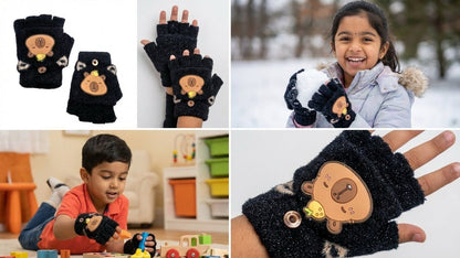 Cute Bear Fingerless Gloves, Beige Knitted Winter Mittens with Cartoon Design, Half-Finger Style.