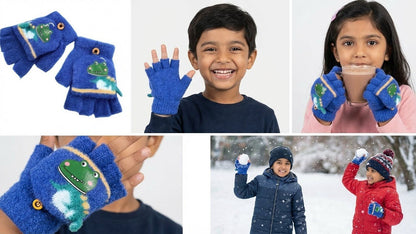 KATTY MAO My First Best Friend Kids Winter Fingerless Gloves, Navy Blue Fleece with Cute Dinosaur Print, Half-Finger Style for Children.