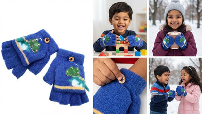 KATTY MAO My First Best Friend Kids Winter Fingerless Gloves, Navy Blue Fleece with Cute Dinosaur Print, Half-Finger Style for Children.