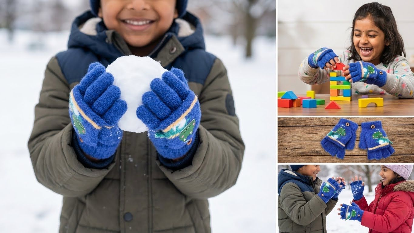 KATTY MAO My First Best Friend Kids Winter Fingerless Gloves, Navy Blue Fleece with Cute Dinosaur Print, Half-Finger Style for Children.