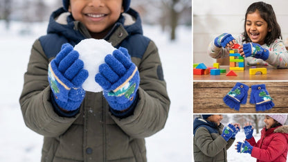 KATTY MAO My First Best Friend Kids Winter Fingerless Gloves, Navy Blue Fleece with Cute Dinosaur Print, Half-Finger Style for Children.