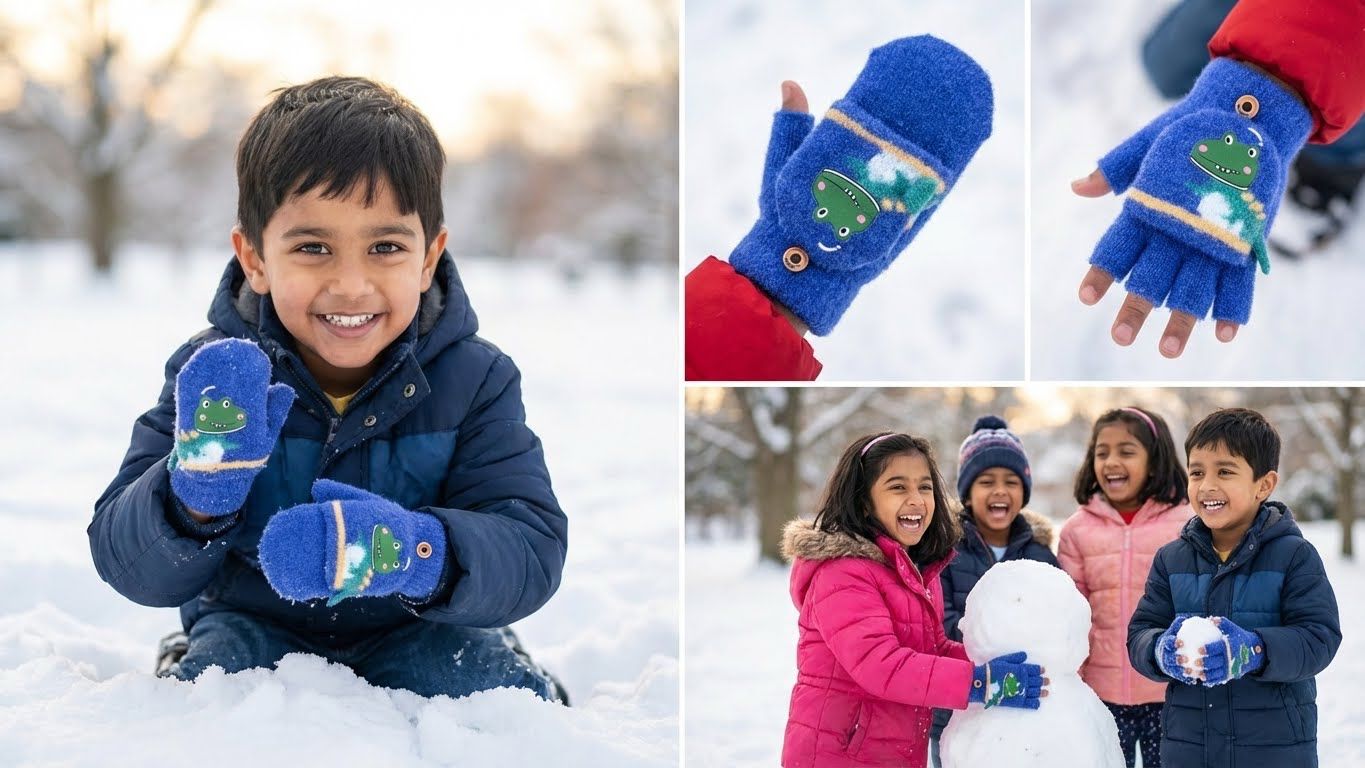KATTY MAO My First Best Friend Kids Winter Fingerless Gloves, Navy Blue Fleece with Cute Dinosaur Print, Half-Finger Style for Children.