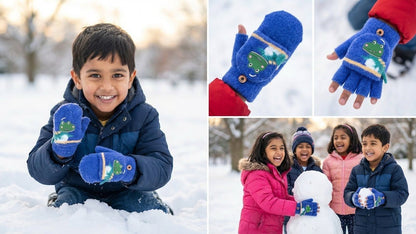 KATTY MAO My First Best Friend Kids Winter Fingerless Gloves, Navy Blue Fleece with Cute Dinosaur Print, Half-Finger Style for Children.