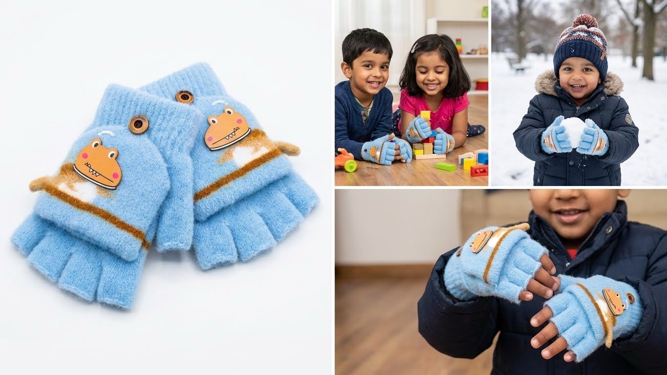 KATTY MAO My First Best Friend Kids Winter Fingerless Gloves, Navy Blue Fleece with Cute Dinosaur Print, Half-Finger Style for Children.