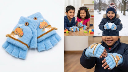 KATTY MAO My First Best Friend Kids Winter Fingerless Gloves, Navy Blue Fleece with Cute Dinosaur Print, Half-Finger Style for Children.