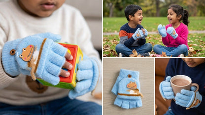 KATTY MAO My First Best Friend Kids Winter Fingerless Gloves, Navy Blue Fleece with Cute Dinosaur Print, Half-Finger Style for Children.