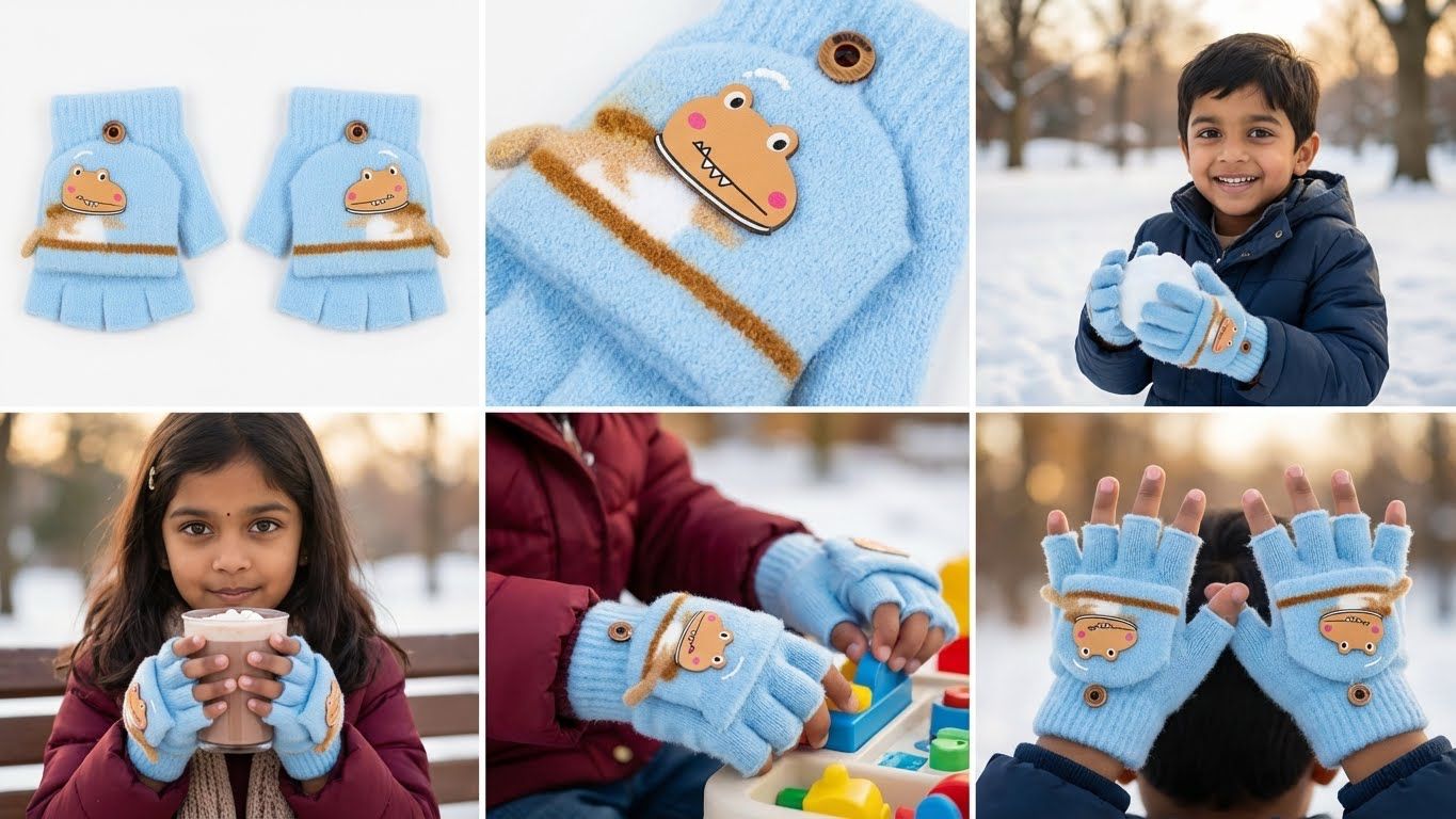 KATTY MAO My First Best Friend Kids Winter Fingerless Gloves, Navy Blue Fleece with Cute Dinosaur Print, Half-Finger Style for Children.