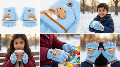 KATTY MAO My First Best Friend Kids Winter Fingerless Gloves, Navy Blue Fleece with Cute Dinosaur Print, Half-Finger Style for Children.