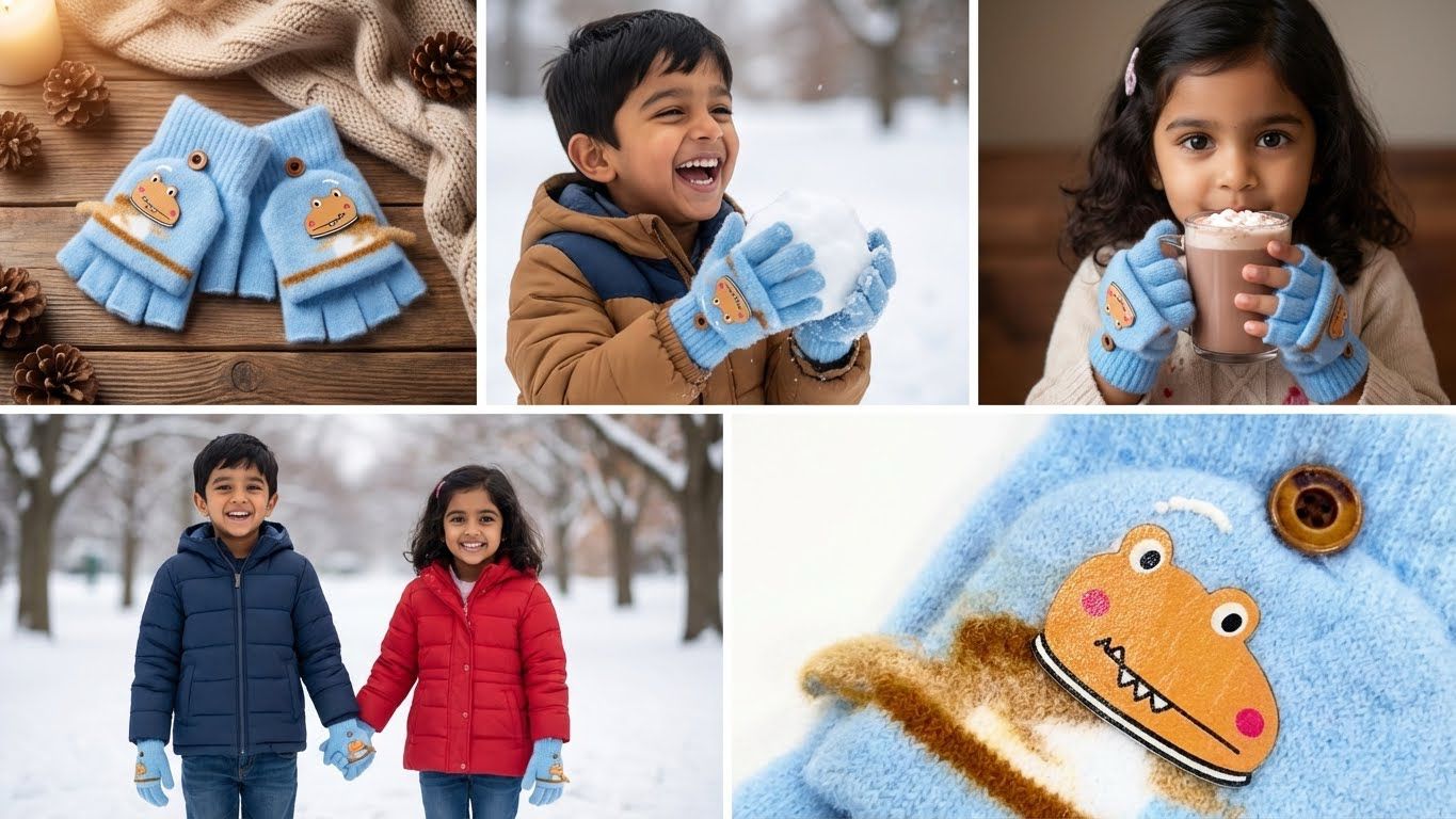 KATTY MAO My First Best Friend Kids Winter Fingerless Gloves, Navy Blue Fleece with Cute Dinosaur Print, Half-Finger Style for Children.