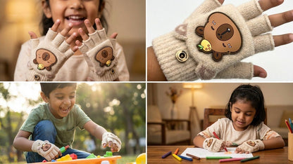 Cute Bear Fingerless Gloves, Beige Knitted Winter Mittens with Cartoon Design, Half-Finger Style.