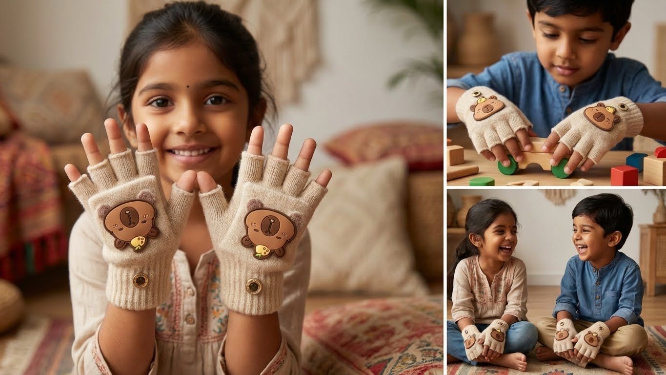 Cute Bear Fingerless Gloves, Beige Knitted Winter Mittens with Cartoon Design, Half-Finger Style.