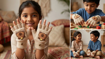 Cute Bear Fingerless Gloves, Beige Knitted Winter Mittens with Cartoon Design, Half-Finger Style.