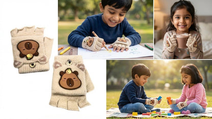 Cute Bear Fingerless Gloves, Beige Knitted Winter Mittens with Cartoon Design, Half-Finger Style.
