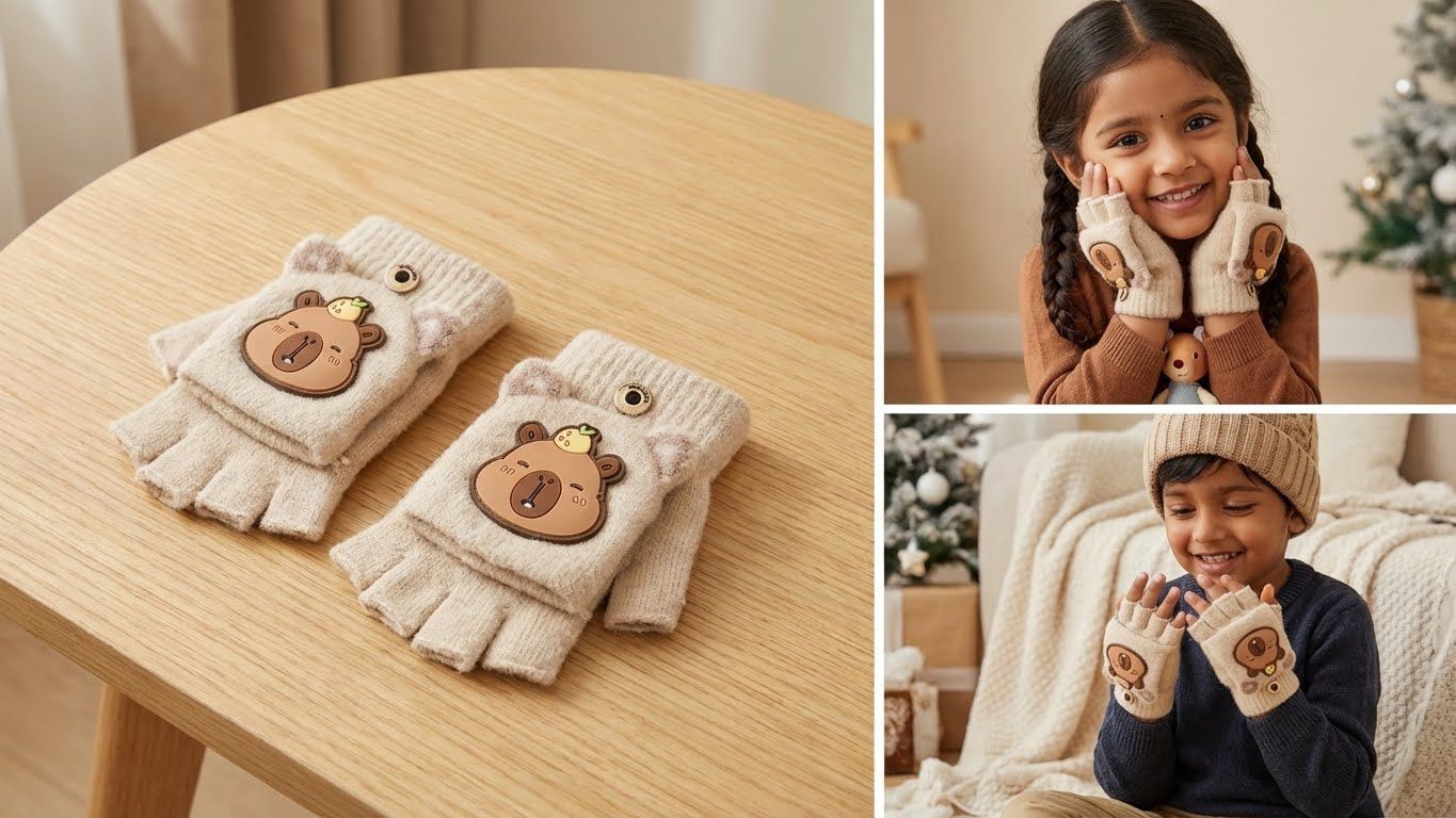 Cute Bear Fingerless Gloves, Beige Knitted Winter Mittens with Cartoon Design, Half-Finger Style.