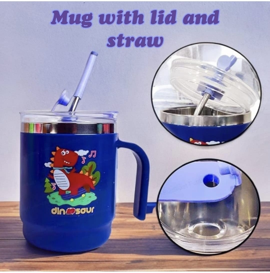 Insulated Mug with Lid and Straw, Stainless Steel, Blue, 12.5 x 11.5 cm, with Handle