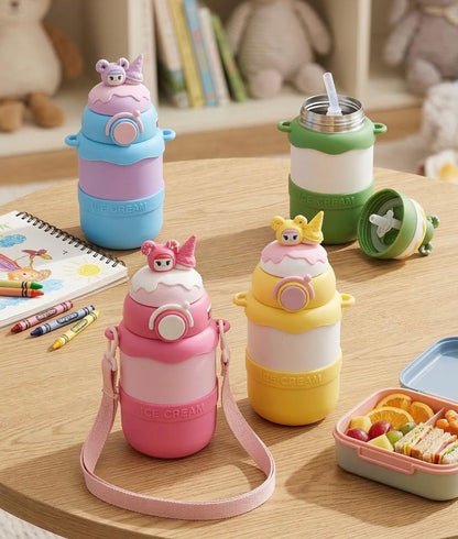 Ice Cream Shaped Water Bottle, Yellow and Pink, Cute Character Design, Kids Drinkware | 550 ML